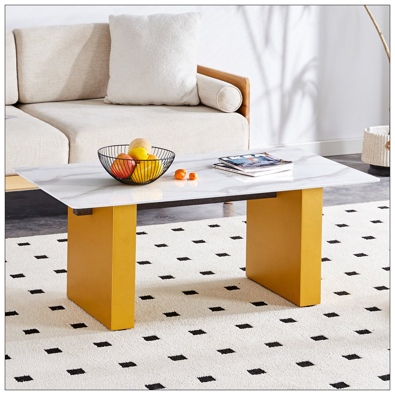 Table basse et table de salle à manger moderne en verre trempé minimaliste moderne, avec autocollant en MDF doré. Bureau d'ordinateur. Table de jeu.