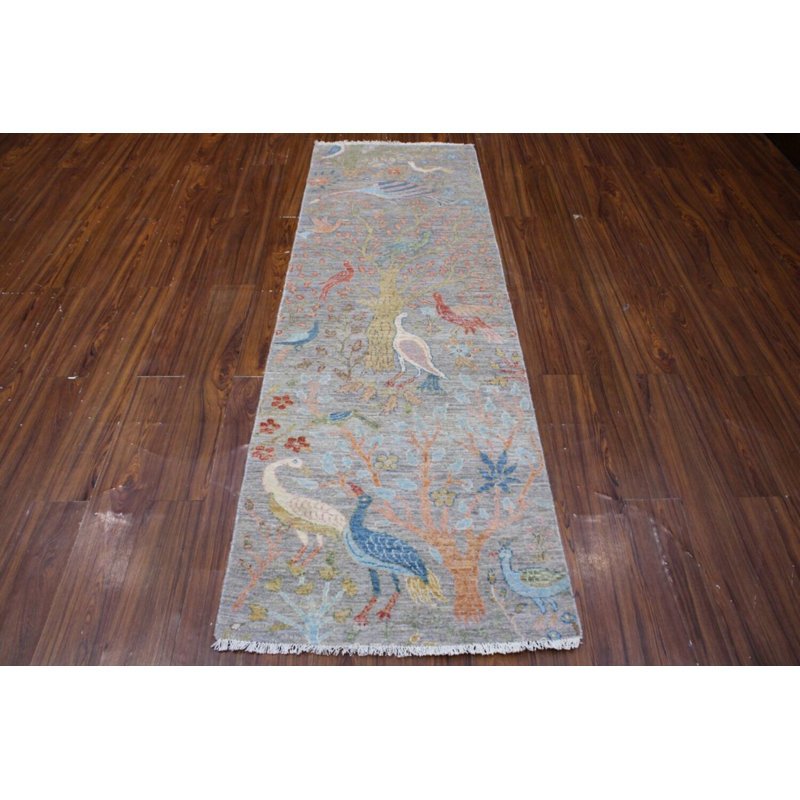 Birds Collection, Contemporary, Transitional One-of-a-Kind Runner 2'6" X 7'10" Hand Knotted Area Rug