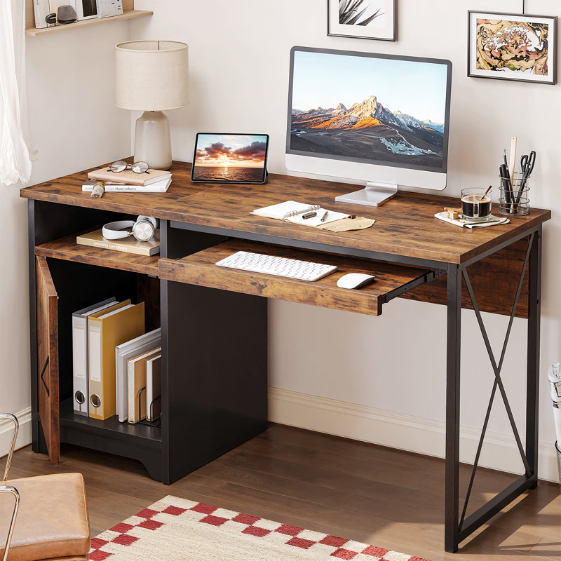 47" Reversible Computer Desk with Cabinet & Keyboard Tray , Industrial Home Office Desk or study desk for Small Spaces with Shelf
