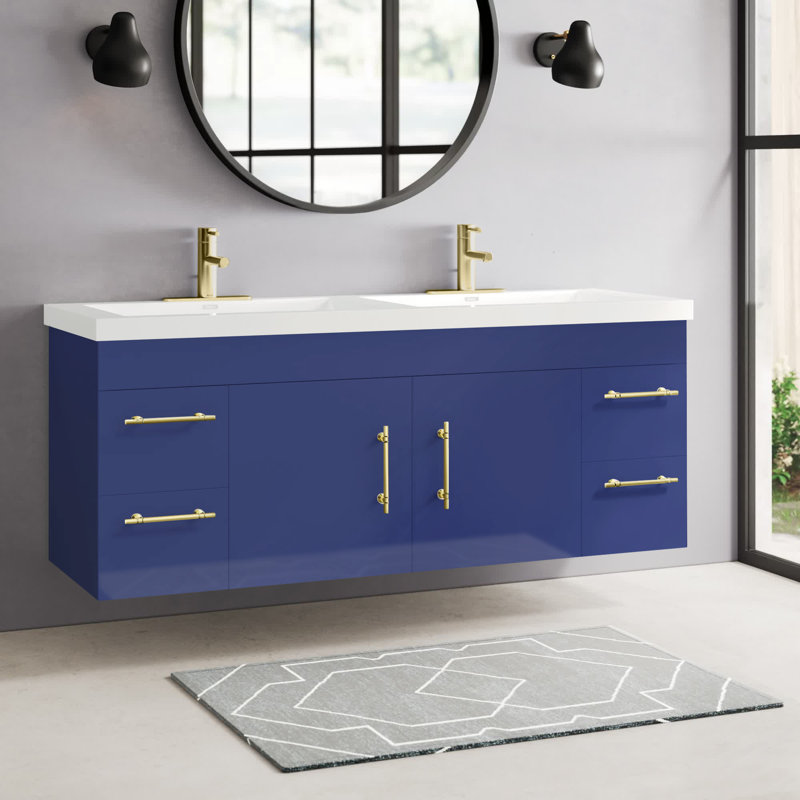 Meuble-lavabo mural double 59 po Romer, Bleu nuit, Argent