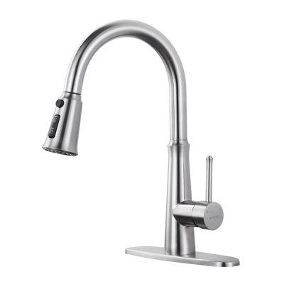 Robinet de cuisine à poignée simple en acier inoxydable avec douchette 3 modes