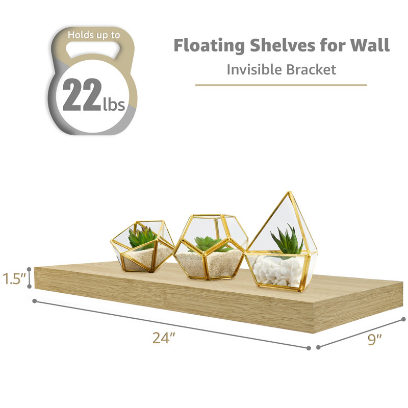 Makalani 3 Piece Solid Wood Floating Shelf, Maple, 1.5" H x 24" W x 9" D, Maple Wood