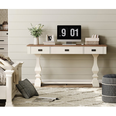 Laziza 60-inch Vintage Executive Desk with Charging Station,  featuring T-Style Solid Wood Legs with Anti-slip Tips, 3 Deep Drawers and Ergonomic Scalloped Edges