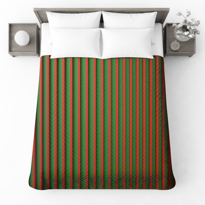 Green Red Vertical Stripes Bedding Striped Bedspread Pattern, Twin