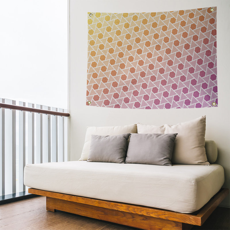 Tapisserie murale hexagonales et triangles, H 26 po x l 36 po, Jaune / Mauve