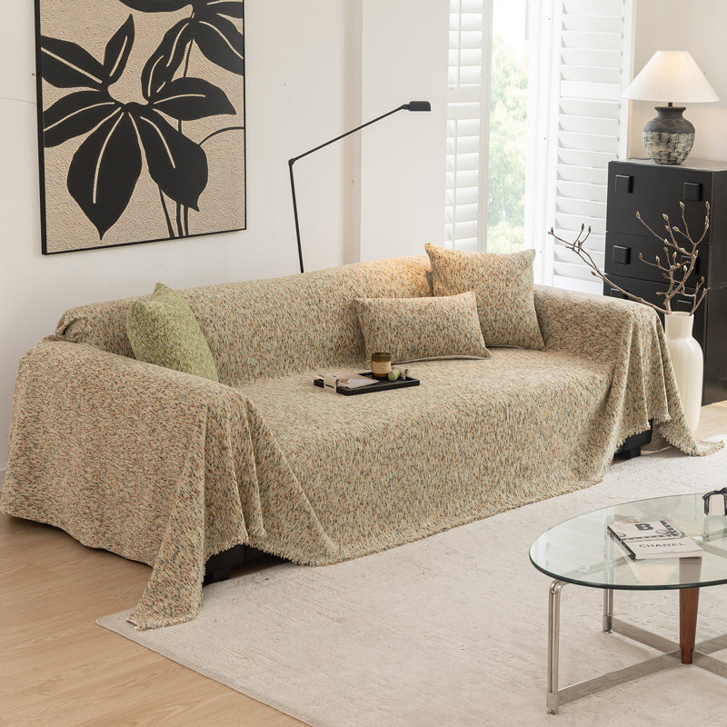 Housse pour canapé en chenille avec pois colorés, H 71 po x l 150 po, Beige