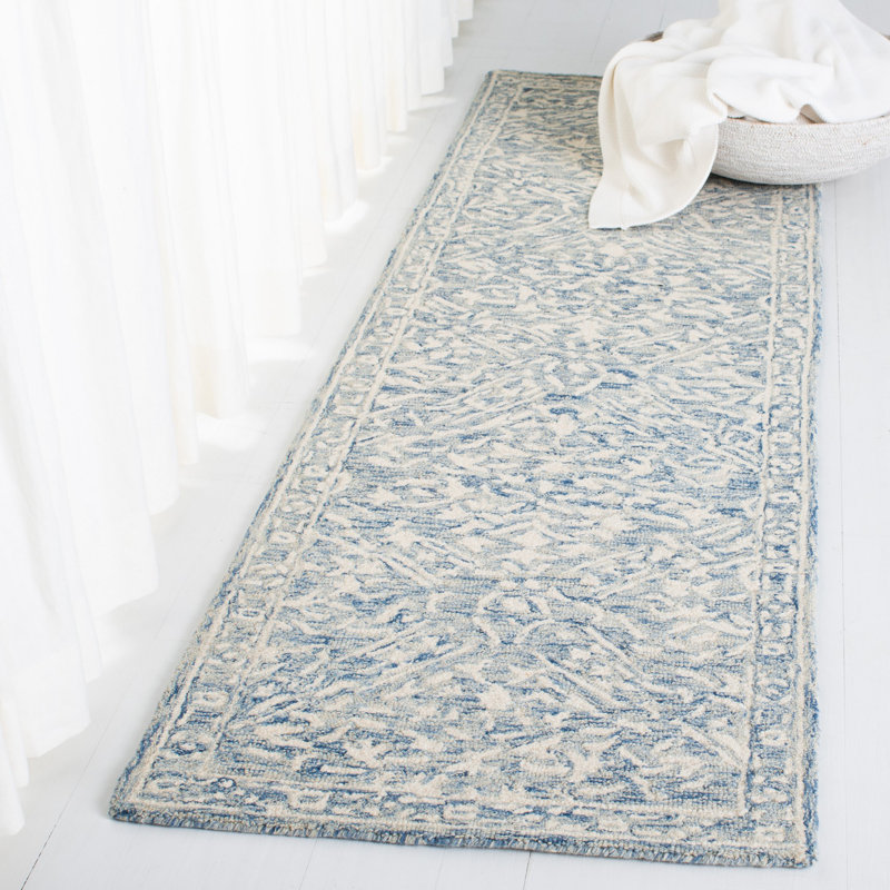 Handmade Blue Floral Wool 2' x 5' Rug