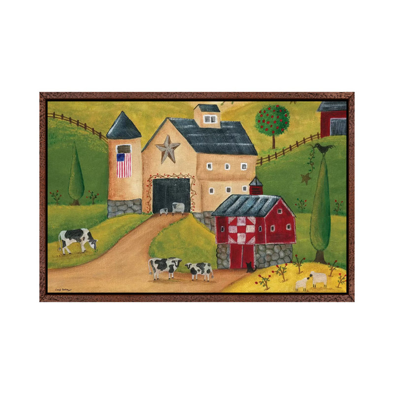 American Country Barns by Cheryl Bartley - Painting on Canvas, Classic Brown Wood Framed, 101.6cm H x 152.4cm W x 3.81cm D