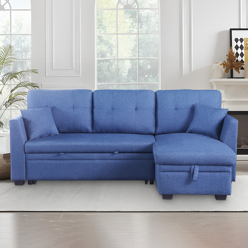 Canapé-lit modulaire avec méridienne de rangement, Mélange de lin bleu