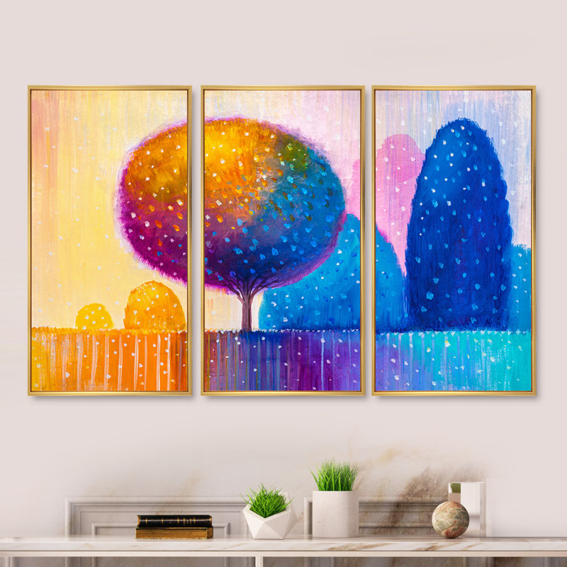 "Colorful Ornamental Trees" - 3 pièces, cadre flottant, impression sur toile, L 48 po x H 32 po, Cadre doré