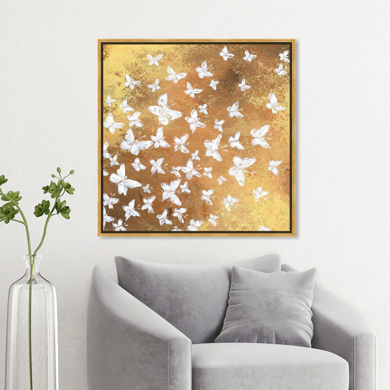 Animaux, papillons dorés dans le vent, insectes - peinture sur toile, H 12 po x l 12 po, Cadre flottant doré