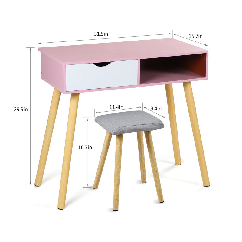 Ensemble coiffeuse en bois massif avec tabouret, Rose