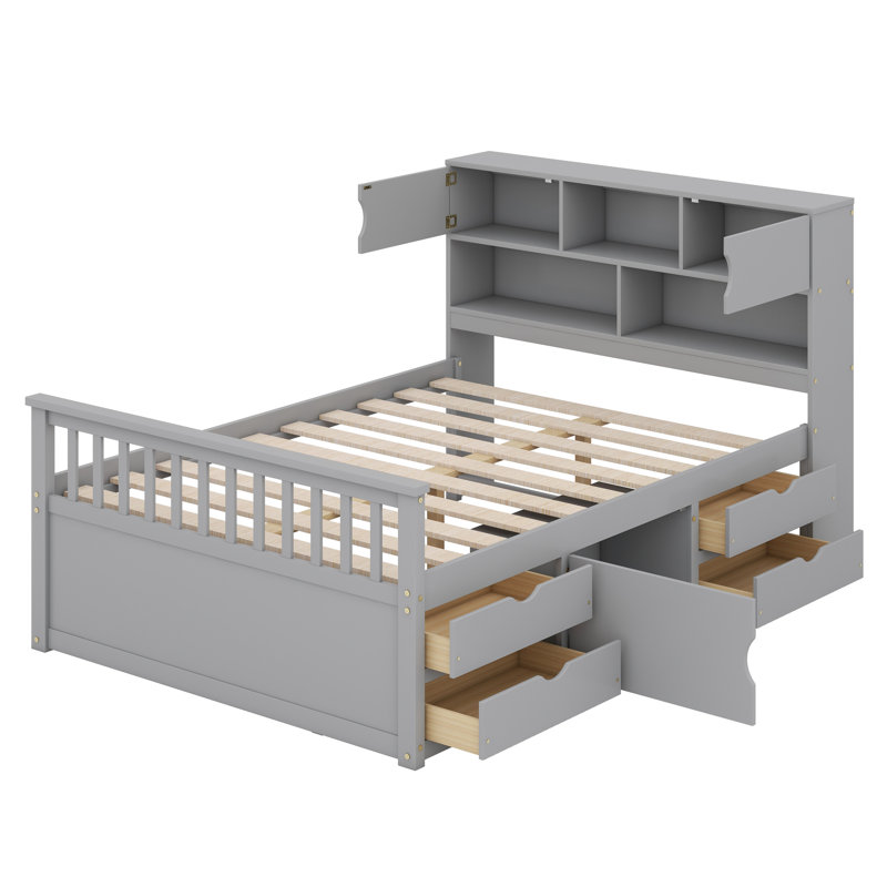 Base de lit plateforme capitaine avec bibliothèques de rangement et tablettes, quatre tiroirs, Gris