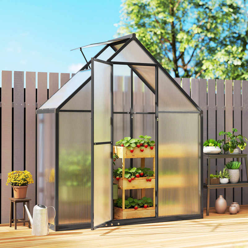 Serre de plain-pied en polycarbonate avec porte battante, noir, 76.8" H x 66.9" W x 22.8" D
