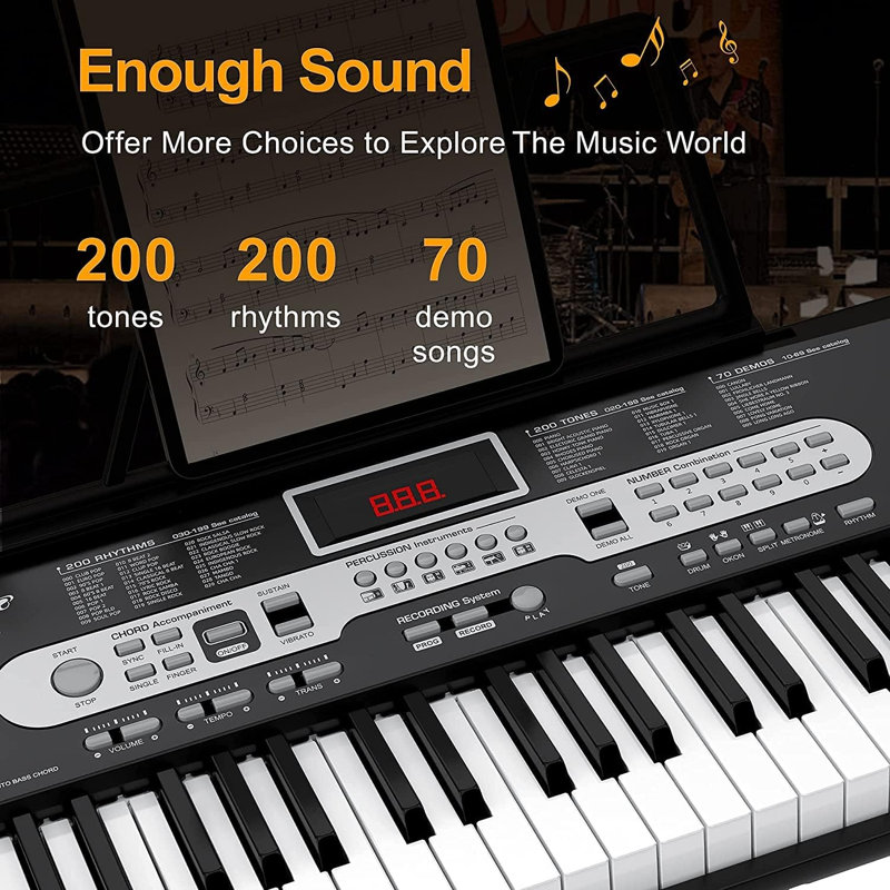 Piano à clavier électronique 61 touches pour débutants et enfants - 200 voix et rythmes, écran LCD, support, tabouret, casque d'écoute, microphone, chargeur, autocollant de note, support, sac de transport - ensemble de démarrage complet - Couleur: ensemble