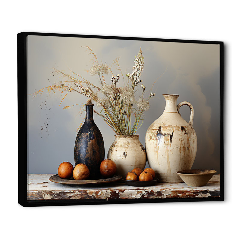 Art floral blanc rétro sur poterie, Cadre flottant noir, H 30 po x l 40 po x P 1,5 po