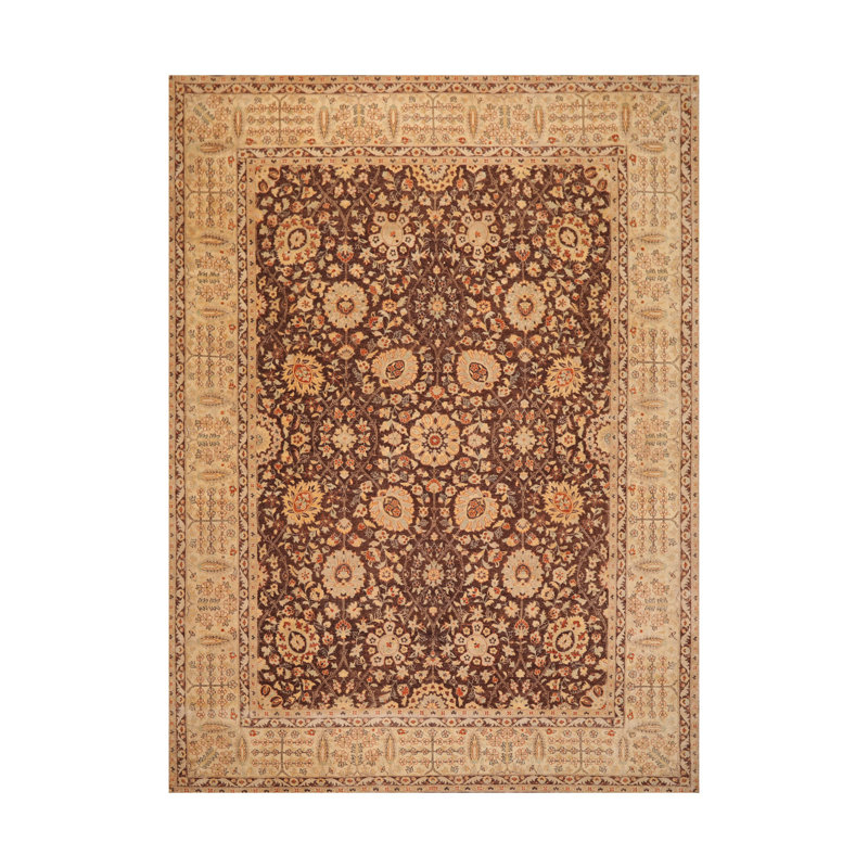 Tapis décoratif en laine de conception unique 8 pi 10 po x 12 pi 5 po Fadl noué à la main en brun/gris/crème