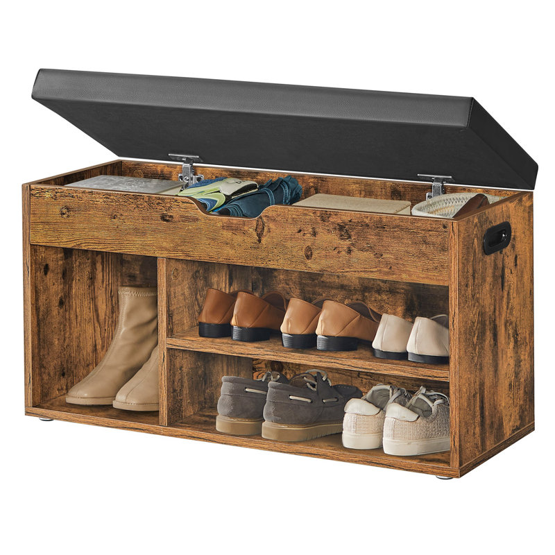 6 Pair Shoe Storage Bench, Rustic Brown/Ink Black, 17.3" H x 39.4" W x 11.8" D