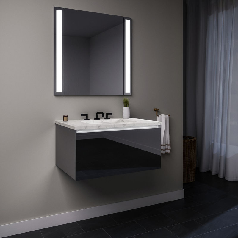 Curated Cartesian 37" Wall-Mounted Single Bathroom Vanity Set, Silestone Lyra, Gray Mirror