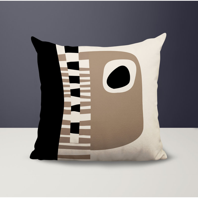 Oreiller carré réversible intérieur / extérieur Rikka, H 15 po x l 15 po, Beige / noir / blanc cassé abstrait
