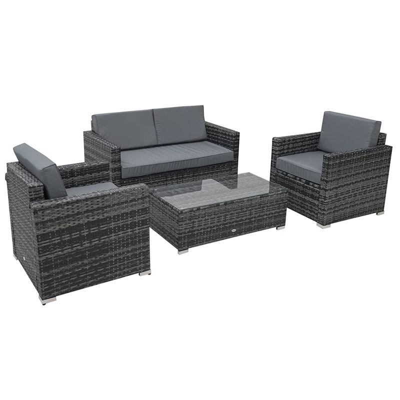 Gennett 4 Pieces Outdoor PE Rattan Sofa Set with Cushions, Mixed Grey