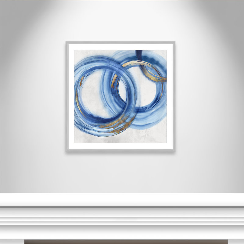 «Blue Cosmic Cascade I» par Emma Peal, H 32 po x l 32 po x P 1,25 po, Oui, Papier avec cadre simple argenté