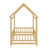 Wooden House Bed Featuring A Roof Frame And Safety Guardrail