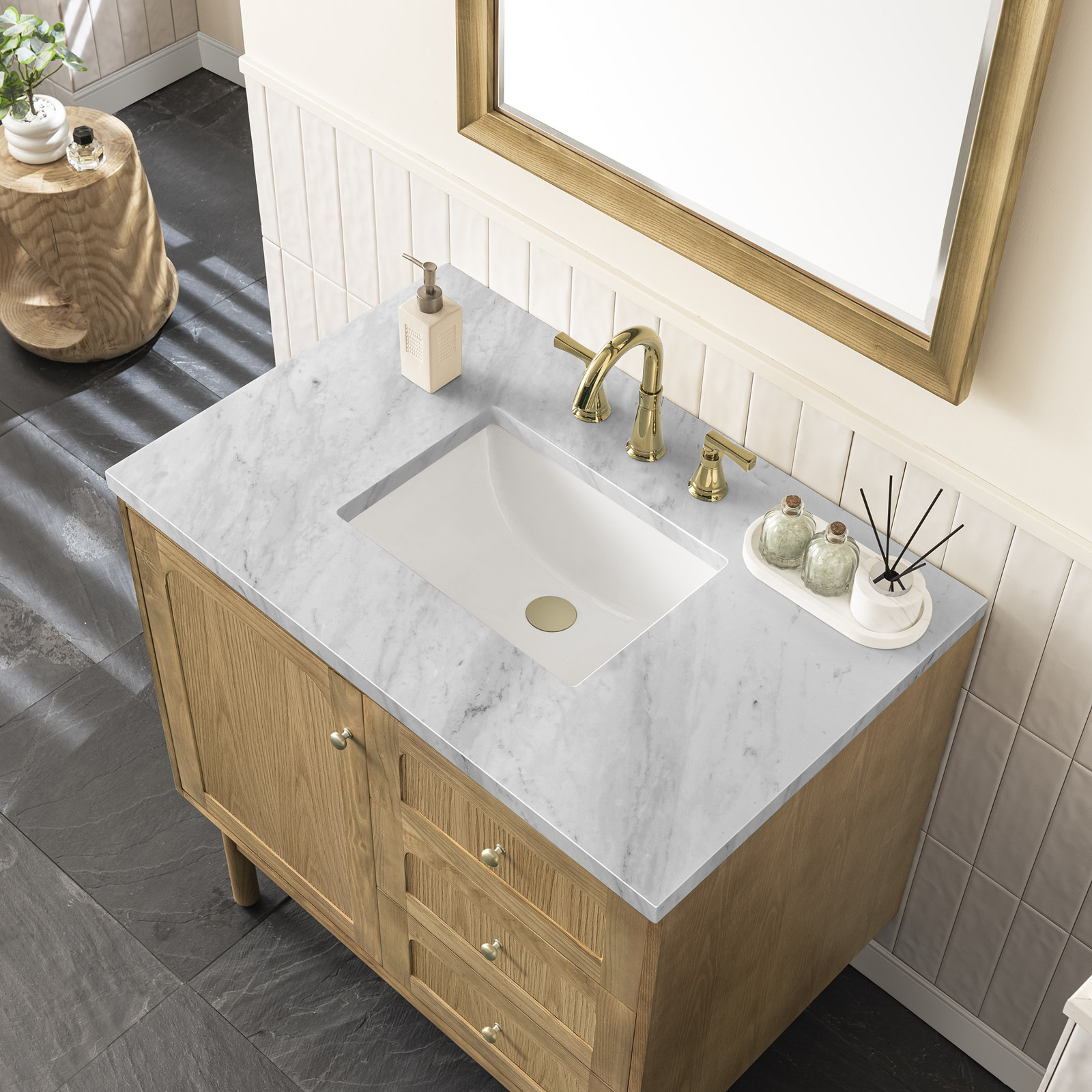 Laurent 36'' W Single Vanity, Carrara White, 8" Widespread, Light Natural Oak