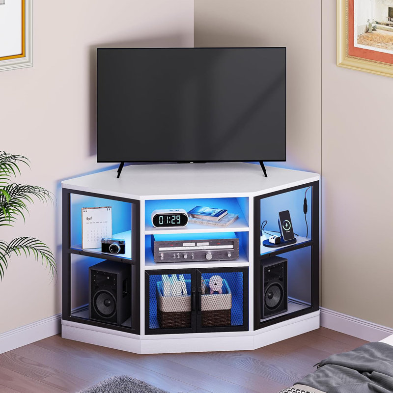 Corner TV Stand With LED Lighting And Built-In Power Outlet, Space-Saving Hexagonal Design, Modern Media Console For Living Room