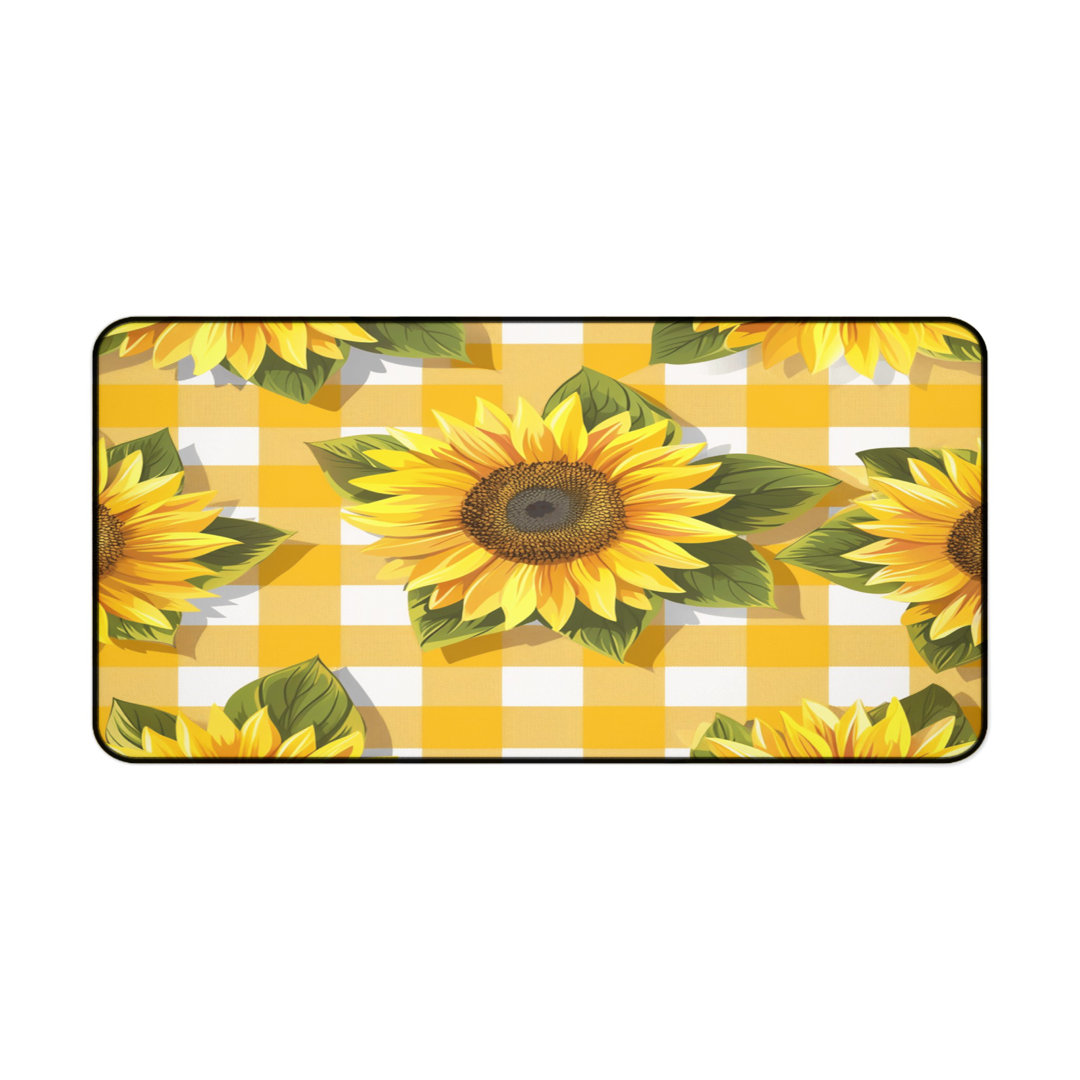 Sunflower Gingham Desk Mat, Yellow Plaid Floral Office Decor, Cottagecore Farmhouse Aesthetic Mouse Pad, Summer Decor, Cute Desk Pad