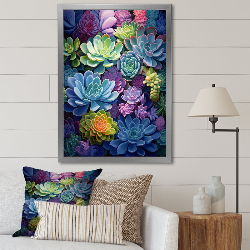 «Jelisha Blue Green Succulents Botanical Oasis», reproduction sur toile, Cadre photo gris, H 44 po x l 34 po x P 1,5 po