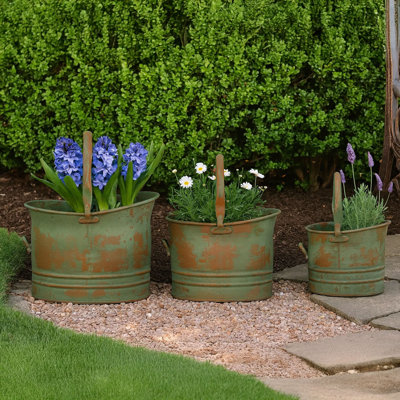 Dervil Copper Metal Indoor-Outdoor Patina Tulip Style Bucket Planter with Stationary Handles