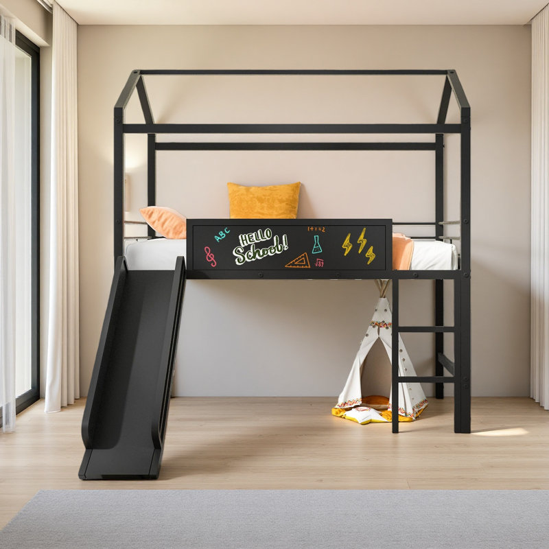 Metal House Bed With Slide, Twin Size Metal Loft Bed With Two-Sided Writable Wooden Board, Black