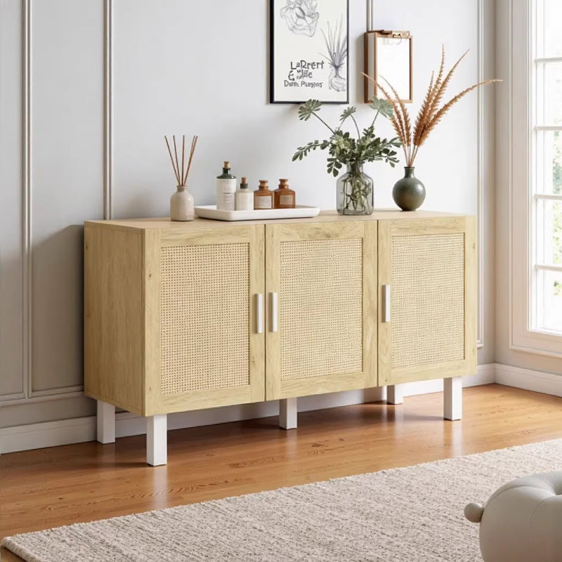 Armoire d'appoint en rotin avec tablettes réglables Boho
