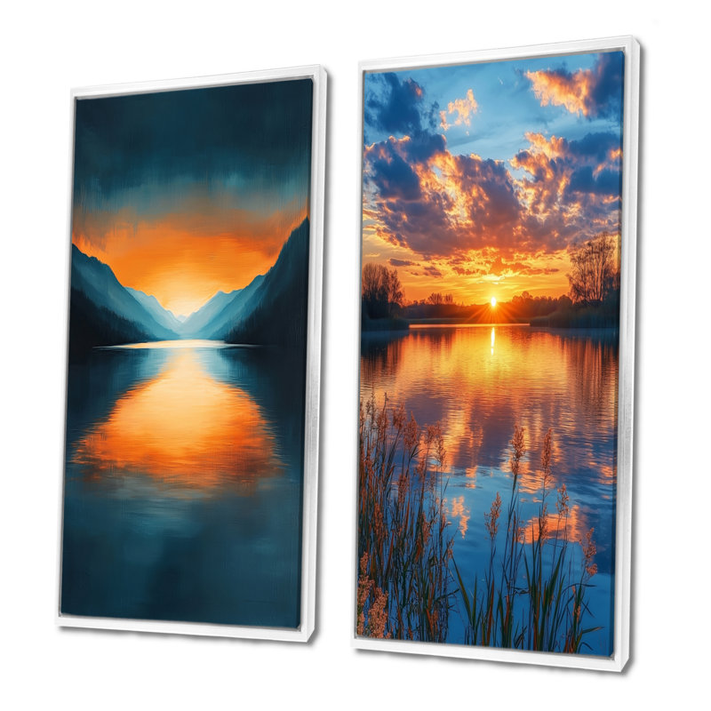 "Countryside Lake At Sunset I" - Collection d'art sur toile 2 panneaux, H 32 po x l 33 po, Cadre flottant blanc