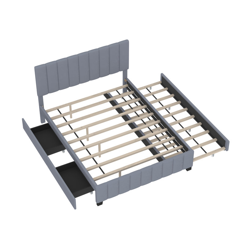 Grand lit plateforme capitonné avec rangement et matelas, gris