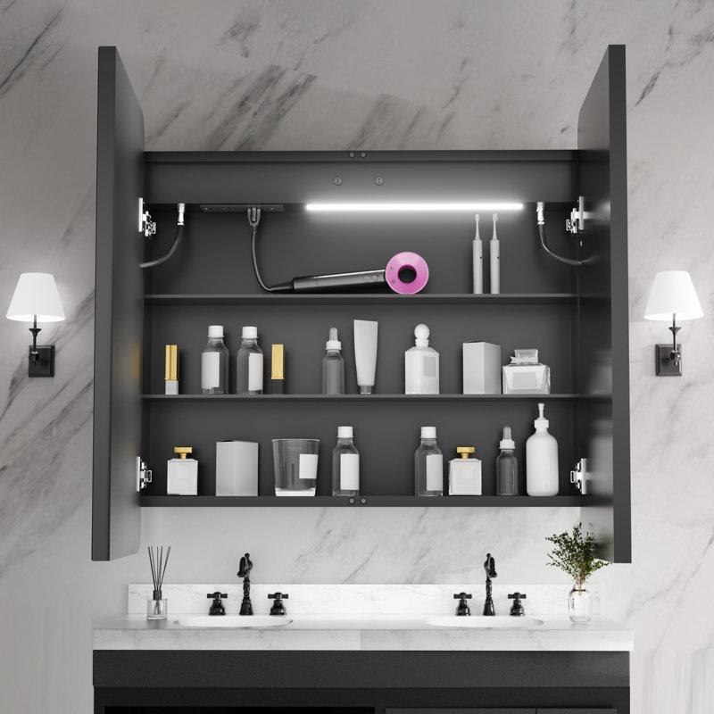 Rectangular Iron Medicine Cabinet With Mirror And Light, Dimmable, Anti-Fog, Fully Assembled, 36", Dual Swing, Matte Black