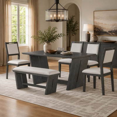6-Piece Retro Dining Table Set for 6, 60" Wood Kitchen Table and Chairs Set of 4 with Bench Designed Trestle Base for kitchen & Dining Room (Gray)