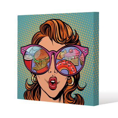 Woman with sunglasses. Fast food and sweets in the reflection Slim Style Canvas Print, 15mm Slim Real wood.
