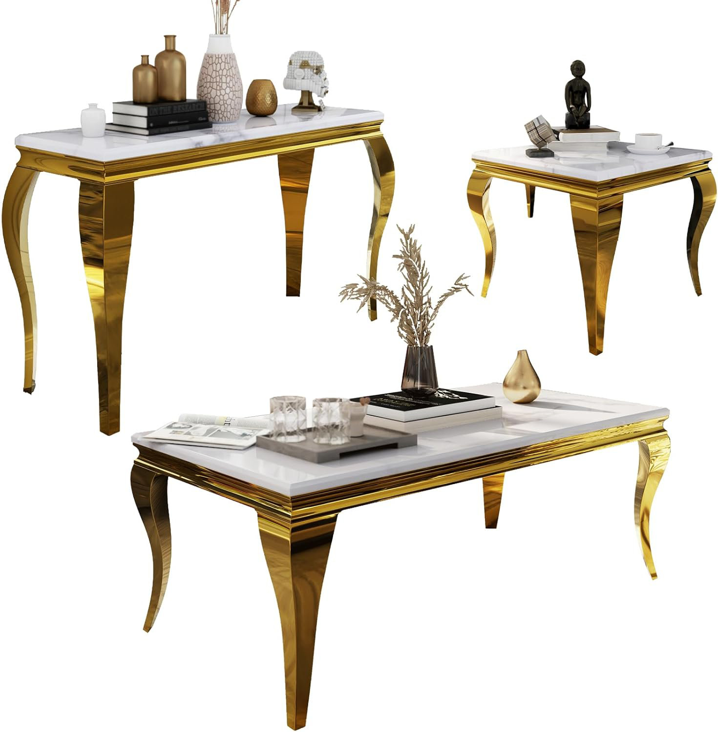 Rosdorf Park 3 Piece White And Gold Living Room Table Set Wayfair