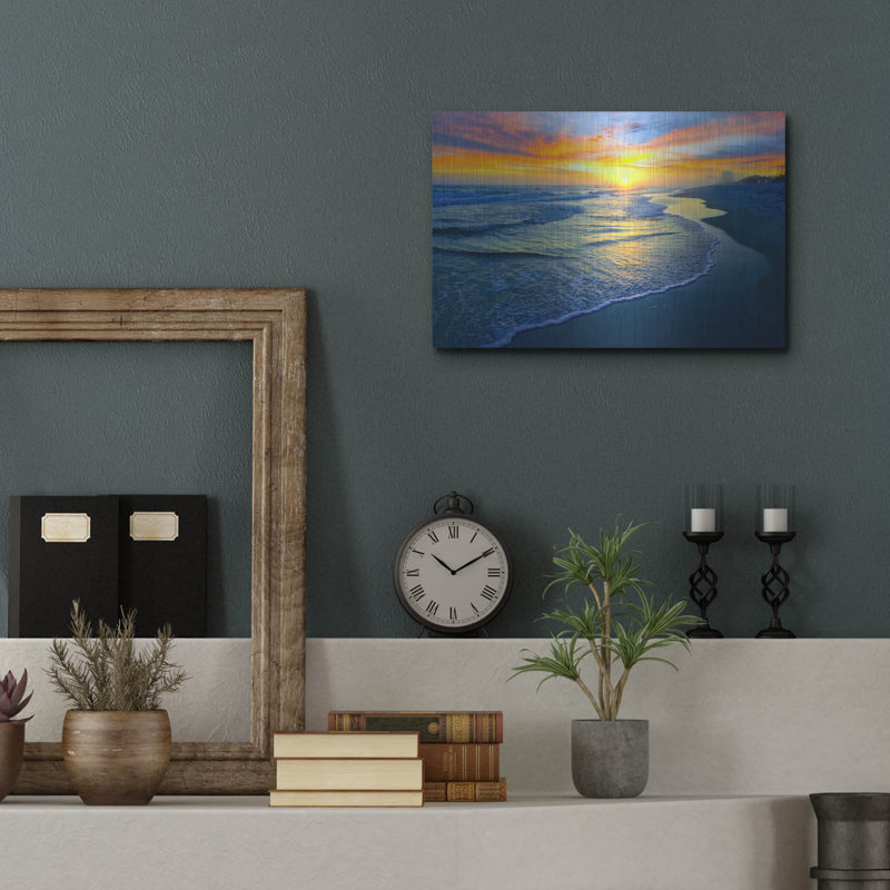" Yellow Sun Sunset Red And Blue Seascape " by Ezra Tanner, 12" H x 16" W