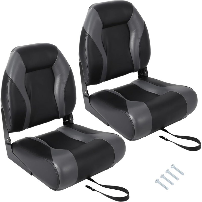 Set of 2 Folding Boat Seats, High Back Waterproof Marine Seats with Thick Sponge Padding and Hinges for Fishing Boats, Jon Boats and Speedboats