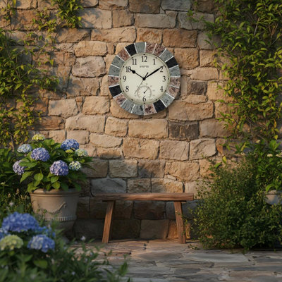 Horloge murale 10 po intérieure / extérieure imperméable avec thermomètre Horloges murales silencieuses à piles non résistantes aux intempéries pour patio, piscine, jardin, véranda, clôture, porche, terrasse, salle de bain