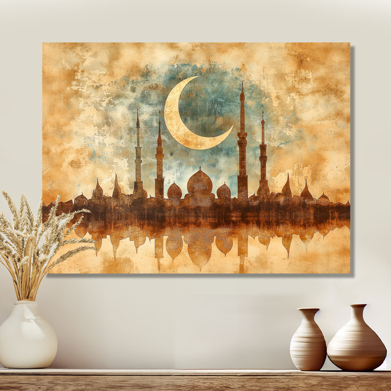 «Endless Reflections Of Crescent Moon Over Mosque II», reproduction d'art métallique, H 16 po x l 32 po x P 0,84 po