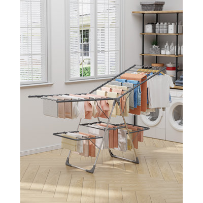 Clothes Drying Rack, Foldable 2-Level Laundry Drying Rack with Height-Adjustable Wings, for Clothing & Bedding, Free-Standing Space-Saving Rack, Indoor & Outdoor, 70" L × 22.8" W, Gray