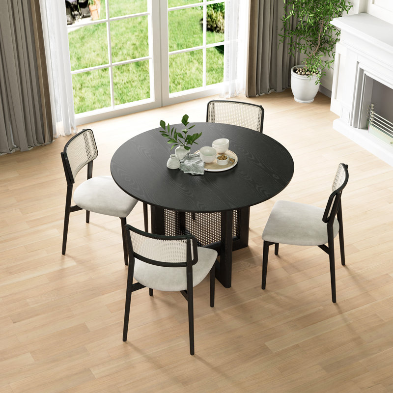 Table de salle à manger ronde en bois massif avec piédestal en rotin, Noir, H 30 po x L 46 po x l 46 po