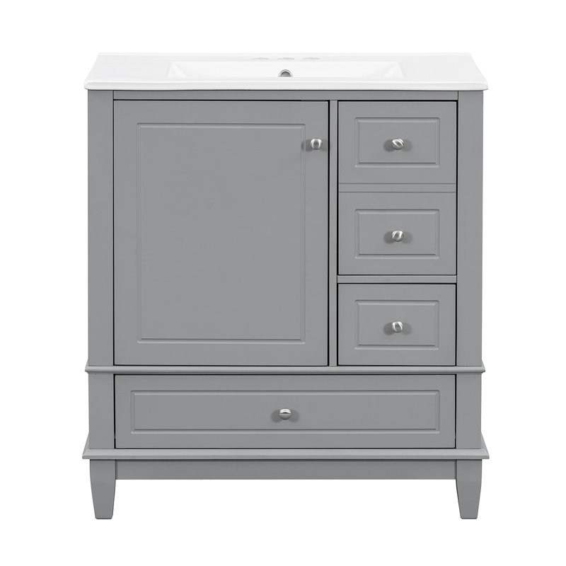 Meuble-lavabo 30 po avec lavabo, une porte avec tablette et trois tiroirs, porte à fermeture douce, gris