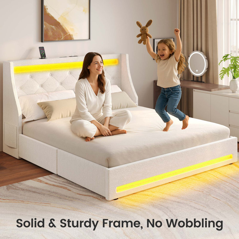Bed Frame with LED Lights,Upholstered Wingback Storage Bed with Built-in Outlets & 4 Drawers, Full/Double, White