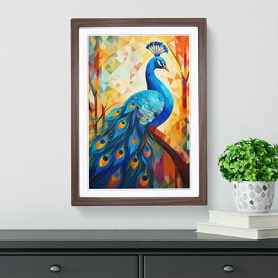 Peacock Cubism - Single Picture Frame Print on Wood