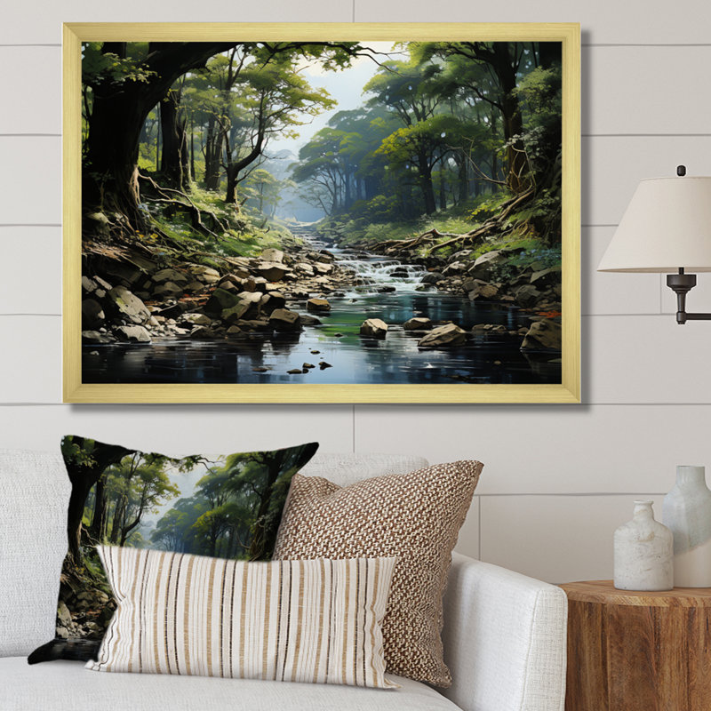 «Gentle River Through Country Charm Forest», art mural forêt fluviale, Cadre doré simple, H 24 po x l 32 po x P 1 po